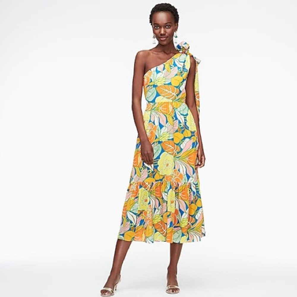 J. Crew one shoulder 100% silk print midi …